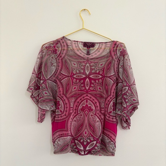 Vtg Y2K Sheer Asymmetric Flutter Sleeve Top Sz Amall - Picture 3 of 6